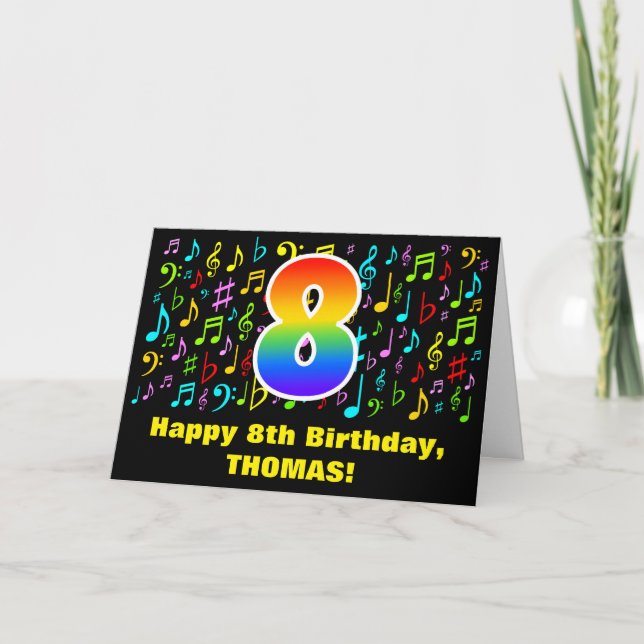 8th Birthday - Colorful Music Symbols & Rainbow 8 Card (Front)