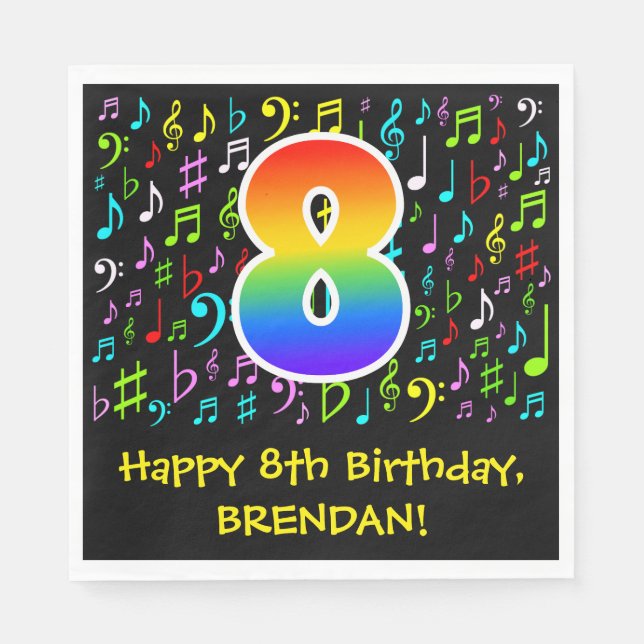 8th Birthday - Colorful Music Symbols, Rainbow 8 Napkins (Front)