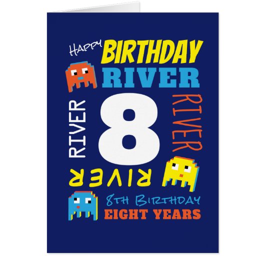 8th birthday custom name yellow blue pixel gamer (Front)
