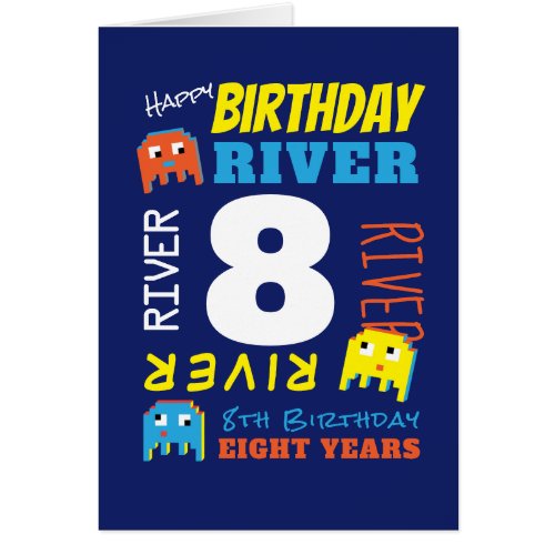 8th birthday custom name yellow blue pixel gamer