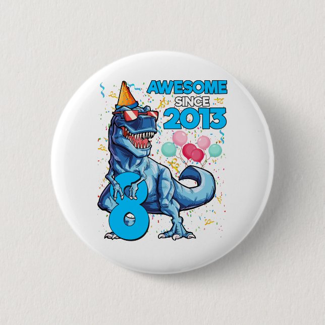 8th Birthday Dinosaur 8 Year Old Boy Kids Awesome Button (Front)
