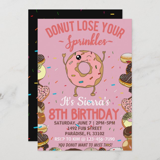 8th Birthday Donut Lose Your Sprinkles Girls Invitation (Front/Back)