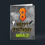 8th Birthday: Eerie Halloween Theme   Custom Name Card<br><div class="desc">The front of this spooky and scary Halloween themed birthday greeting card design features a large number “8”. It also features the message “HAPPY BIRTHDAY, ”, plus a personalized name. There are also depictions of a bat and a ghost on the front. The inside features a personalized birthday greeting message,...</div>