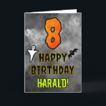 8th Birthday: Eerie Halloween Theme   Custom Name Card<br><div class="desc">The front of this spooky and scary Halloween themed birthday greeting card design features a large number “8”. It also features the message “HAPPY BIRTHDAY, ”, plus a personalized name. There are also depictions of a bat and a ghost on the front. The inside features a personalized birthday greeting message,...</div>