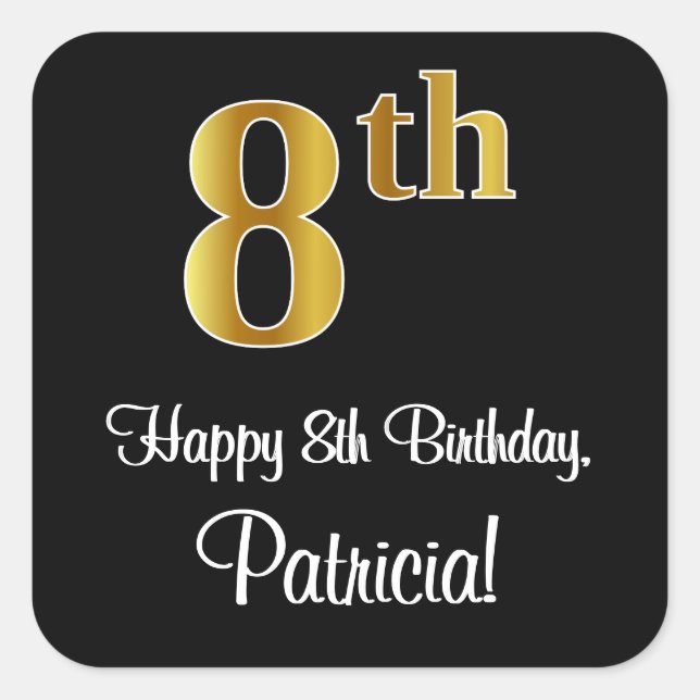 8th Birthday – Elegant Luxurious Faux Gold Look # Square Sticker (Front)
