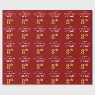 8th Birthday: Elegant, Red, Faux Gold Look Wrapping Paper