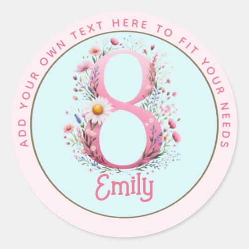 8th Birthday Fairy Floral Pink Princess Fairytale Classic Round Sticker