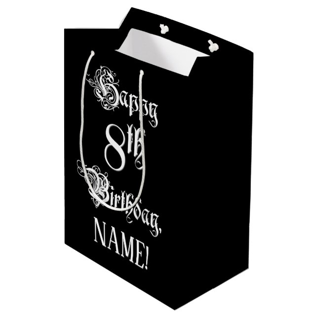 8th Birthday: Fancy, Elegant Script + Custom Name Medium Gift Bag (Back Angled)