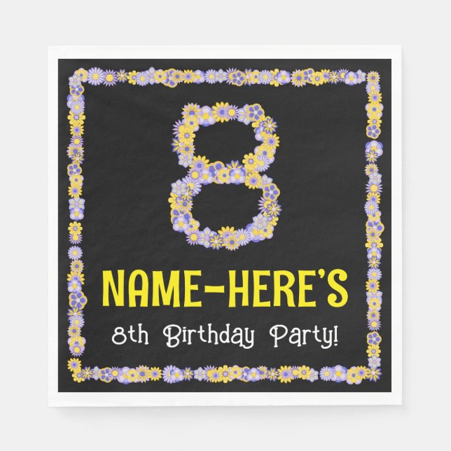 8th Birthday: Floral Flowers Number, Custom Name Napkins (Front)