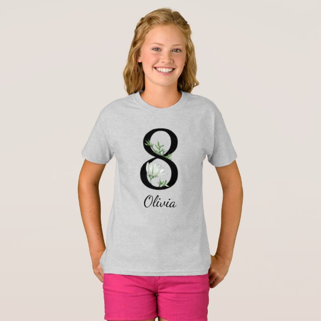 8th Birthday Floral Personalized Name T-Shirt (Front Full)