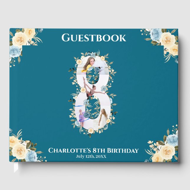 8th Birthday Flower Teal Photo Collage Blue Yellow Guest Book (Front)