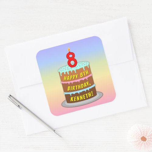 8th Birthday Fun Cake and Candle  Custom Name Square Sticker