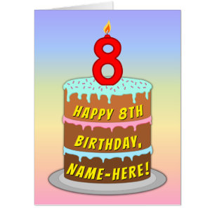 8th Birthday: Fun Cake & Candle, w/ Custom Name Card