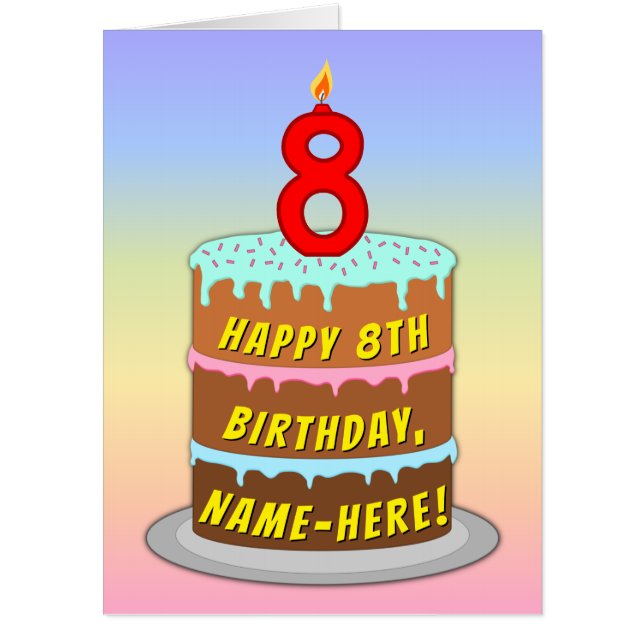 8th Birthday: Fun Cake & Candle, w/ Custom Name Card (Front)