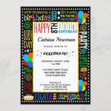 8th Birthday Fun Color Crazy Text on Black Party