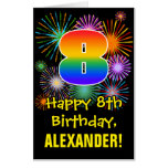 [ Thumbnail: 8th Birthday: Fun Fireworks Pattern & Rainbow 8 Card ]