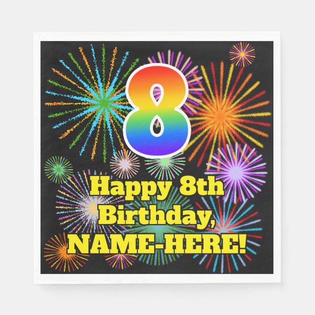 8th Birthday: Fun Fireworks Pattern + Rainbow 8 Napkins (Front)