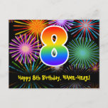 [ Thumbnail: 8th Birthday – Fun Fireworks Pattern + Rainbow 8 Postcard ]