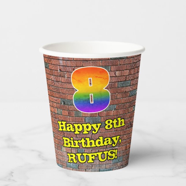 8th Birthday: Fun Graffiti-Inspired Rainbow 8 Paper Cups (Front)