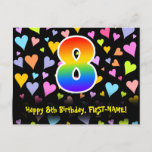 [ Thumbnail: 8th Birthday: Fun Hearts Pattern, Rainbow 8 Postcard ]