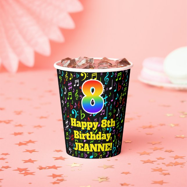 8th Birthday: Fun Music Notes Pattern, Rainbow 8 Paper Cups (Insitu)