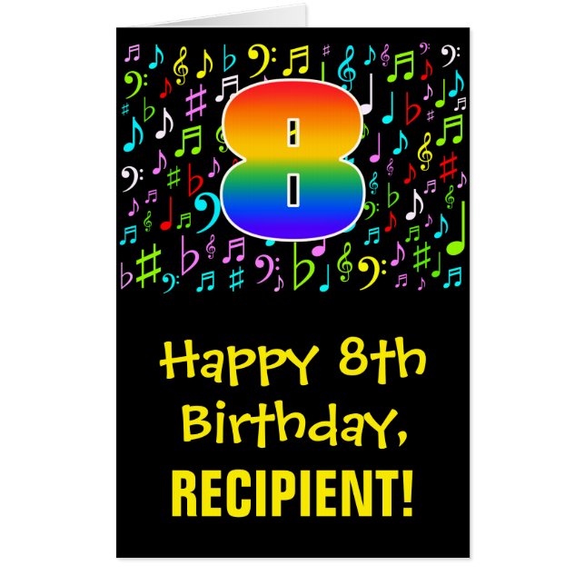 8th Birthday: Fun Music Symbols + Rainbow # 8 Card (Front)
