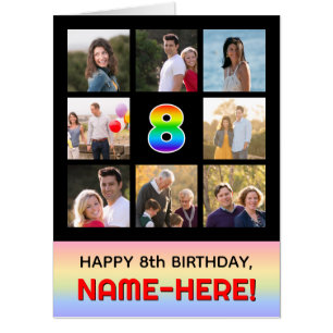 8th Birthday: Fun Rainbow #, Custom Photos & Name Card