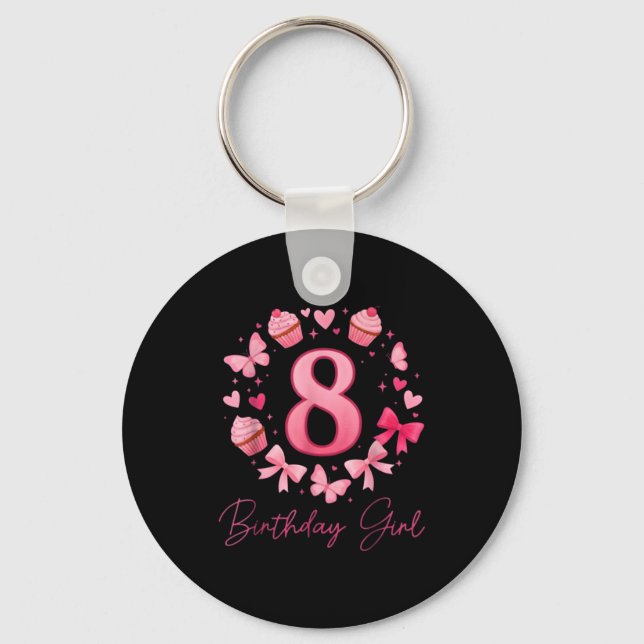 8th Birthday Girl Aesthetic Coquette Bow  Keychain (Front)