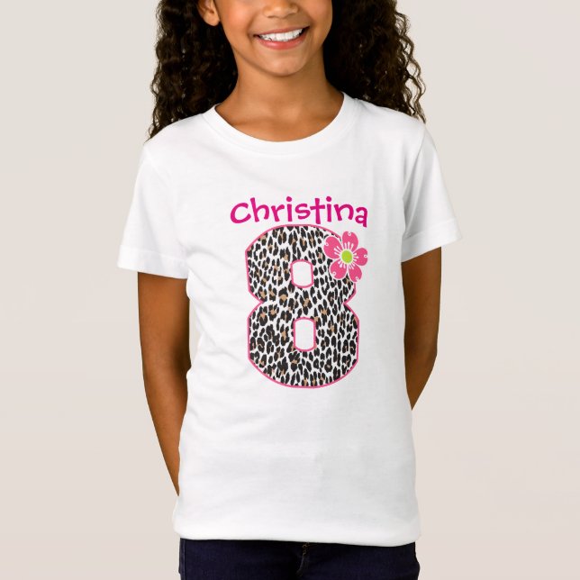 8th Birthday Girl Hot Pink & leopard print T-Shirt (Front)