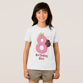 8th Birthday Girl with Crown and Pink Number Tri-Blend Shirt