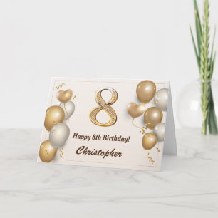 8th Birthday Gold Balloons and Confetti Birthday Card
