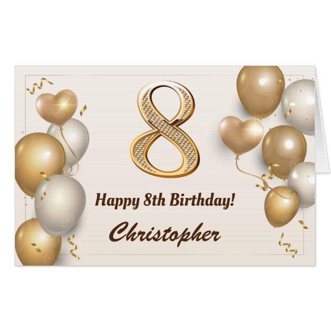 8th Birthday Gold Balloons Confetti Extra Large Card (Front Horizontal)
