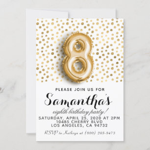 8th Birthday Gold Polkadot Invitation
