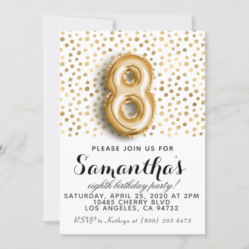 8th Birthday Gold Polkadot Invitation