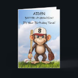 8th Birthday Grandson Personalize Baseball Monkey Card<br><div class="desc">Make your grandson’s 8th birthday extra special with this personalized baseball-themed card! A fun-loving monkey, complete with a bat and glove, stands ready for the game against a bright blue sky. Customize the front with his name to create a unique keepsake he’ll love. The playful message inside adds to the...</div>