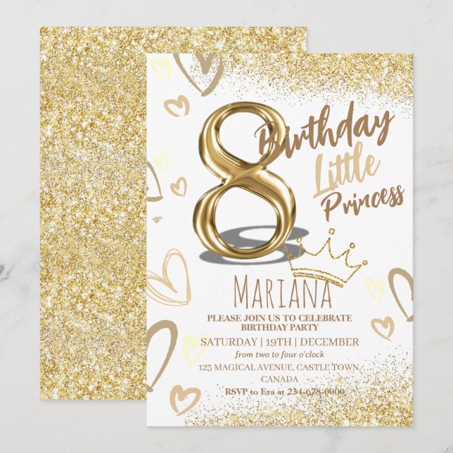 8th Birthday Heard Gold Glitter Glamorous Party Invitation (Front/Back)