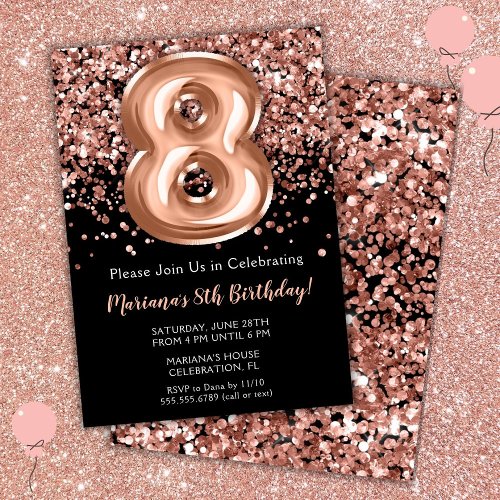 8th Birthday Invitation Black Rose Gold Glitter