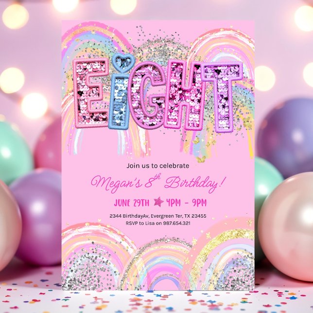 8th Birthday Invitation Girl Editable Rainbow Sequ (Creator Uploaded)