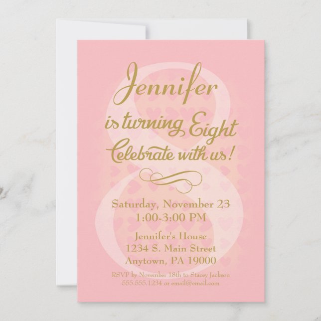 8th Birthday Invitation Girls Pink Gold Hearts (Front)