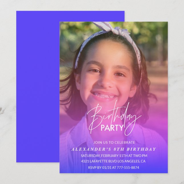 8th birthday invitation Party Photo Rainbow (Front/Back)