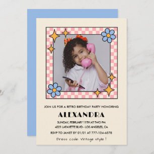 8th birthday invitation Retro Groovy Blue Floral