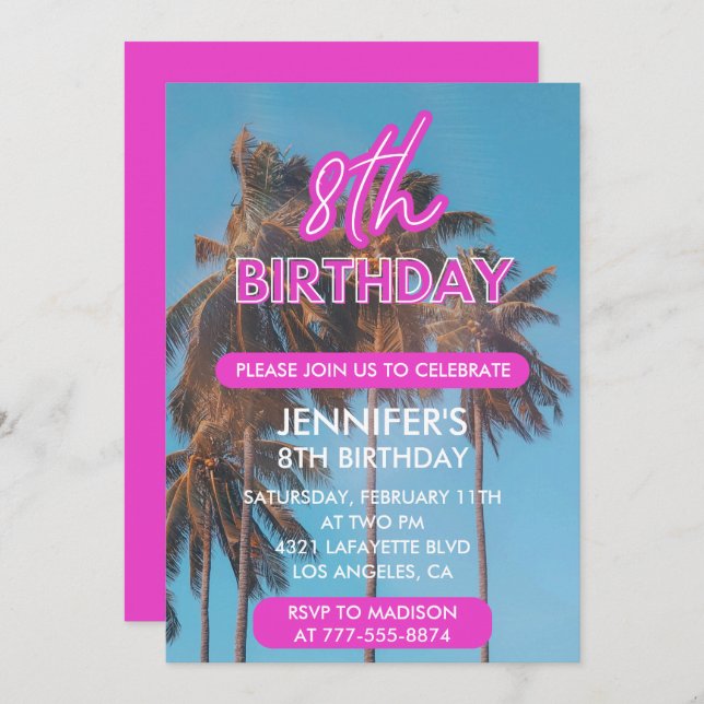 8th birthday invitation Summer Tropical Palm tree (Front/Back)