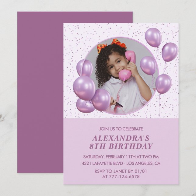 8th birthday invitations Balloons Photo Purple (Front/Back)