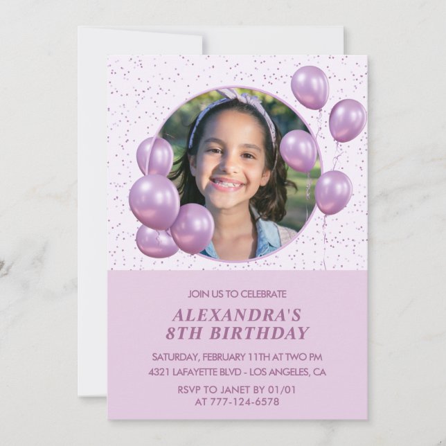 8th birthday invitations Balloons Photo Purple (Front)