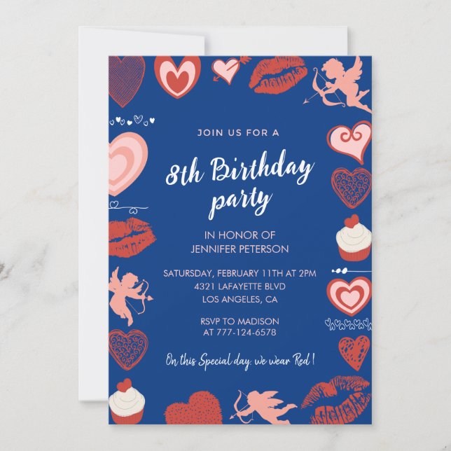 8th birthday invitations Blue Cute Hearts (Front)