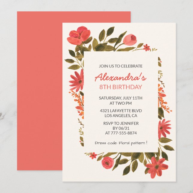 8th birthday invitations Floral Boho Elegant (Front/Back)