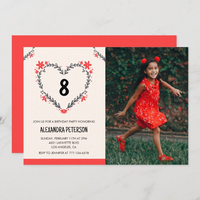 8th birthday invitations for her Floral Heart (Front/Back)