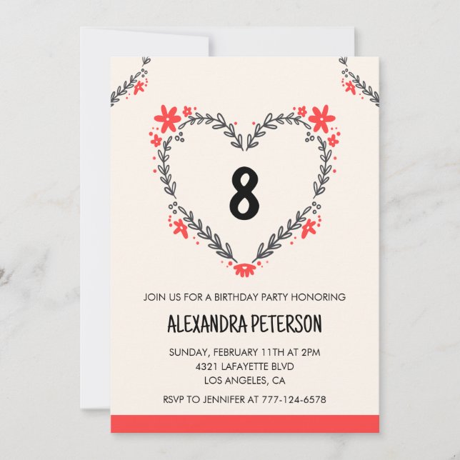 8th birthday invitations for her floral heart (Front)
