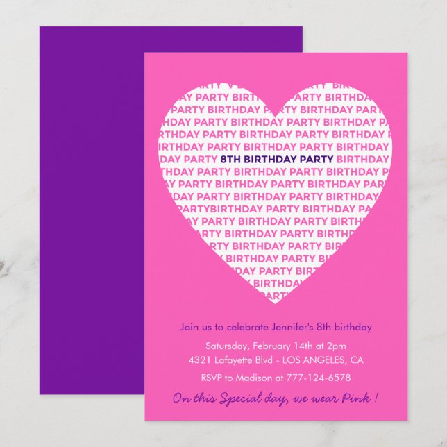 8th birthday invitations Pink Heart Modern (Front/Back)