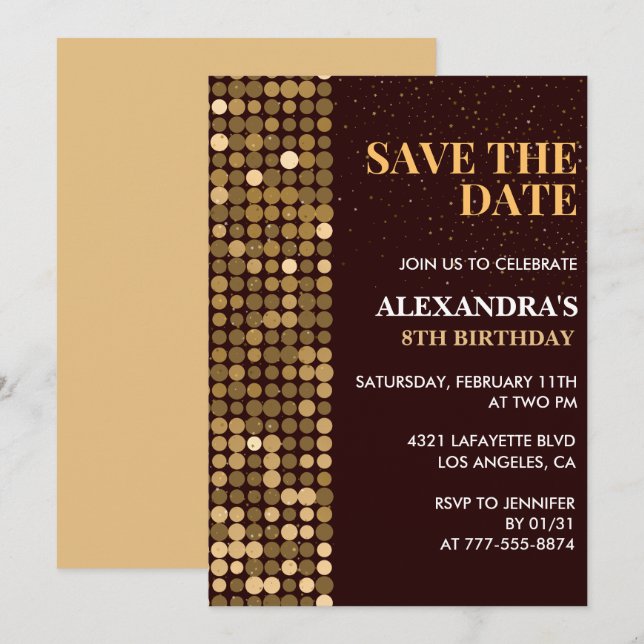 8th birthday invitations Save the date Gold (Front/Back)